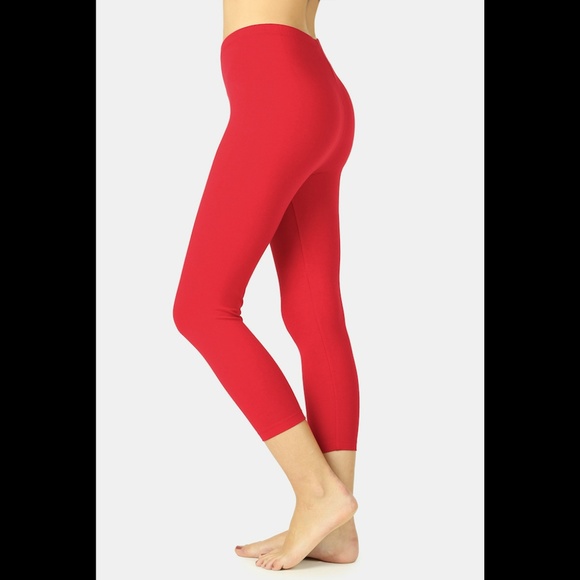 Pants - Premium Cotton Capri Leggings Plain Yoga Solid Red